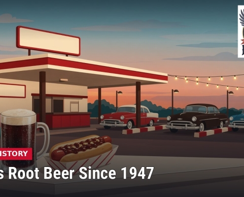 Fostoria News Vintage-style root beer stand with cars and string lights at sunset.