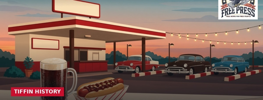 Fostoria News Vintage-style root beer stand with cars and string lights at sunset.
