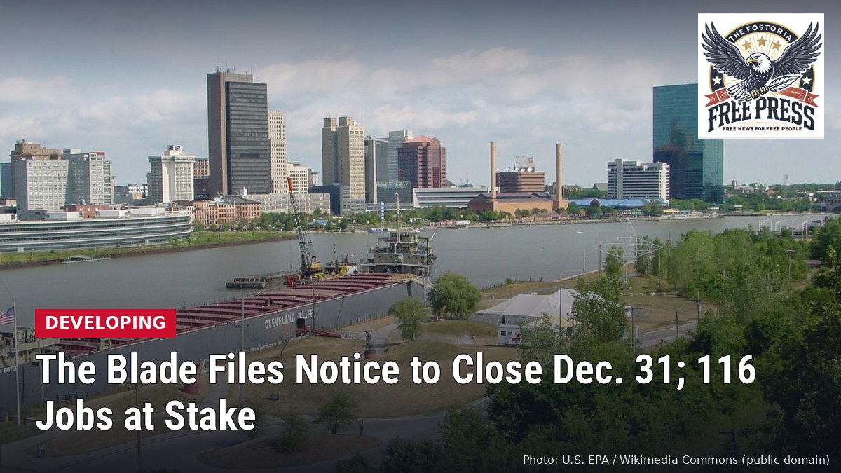 Downtown Toledo skyline along the Maumee River, with headline: The Blade Files Notice to Close Dec. 31; 116 Jobs at Stake