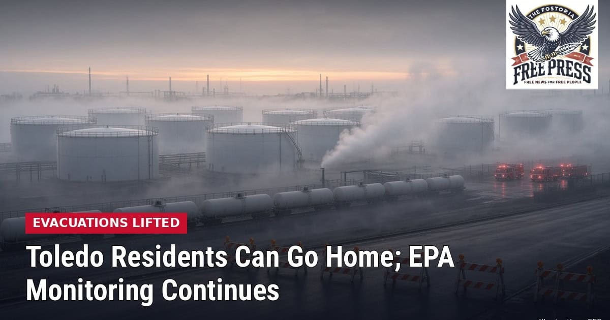 Illustration of a fog-covered chemical tank terminal with emergency vehicles and barricades, with headline: Toledo Residents Can Go Home; EPA Monitoring Continues