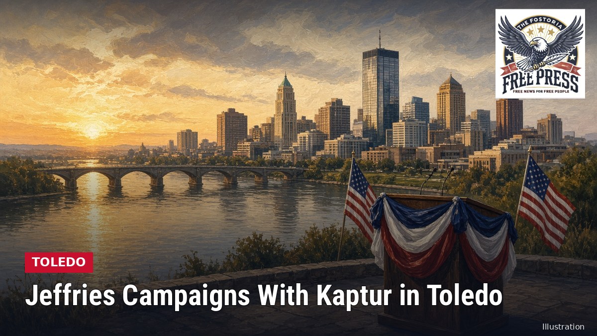 Illustration of a campaign podium in front of a city skyline