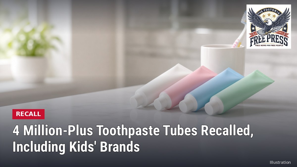 Illustration of four plain unbranded toothpaste tubes on a bathroom counter beside a child's toothbrush, with headline: 4 Million-Plus Toothpaste Tubes Recalled, Including Kids' Brands