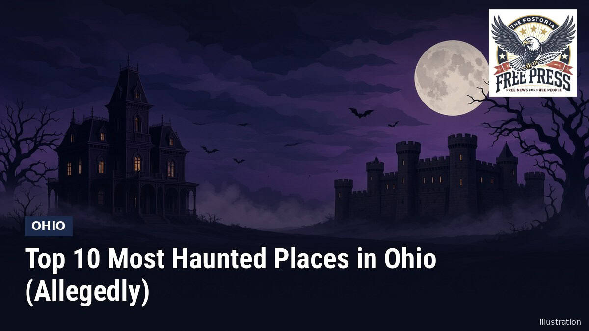 Fostoria News: Illustration of a generic Victorian mansion and an old stone prison silhouette under a full moon at night, with headline: Top 10 Most Haunted Places in Ohio (Allegedly)