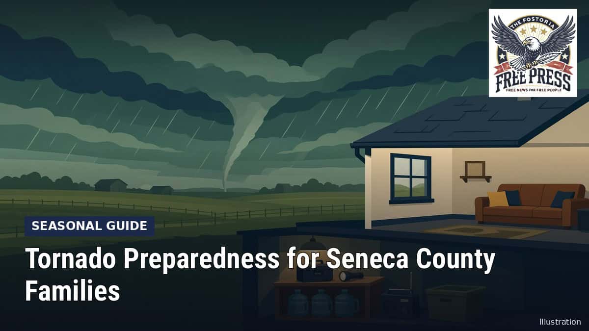Fostoria News: Illustration, with headline: Tornado Preparedness for Seneca County Families