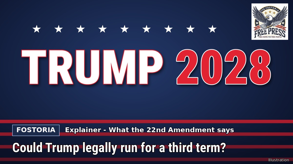 Fostoria Free Press illustration: TRUMP 2028 in large letters with stars on a navy and red background, for an explainer on presidential term limits