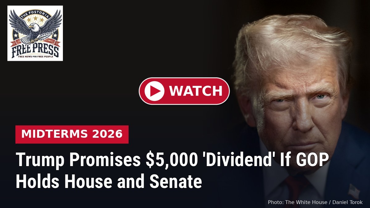 Official White House portrait of President Donald Trump with headline: Trump Promises $5,000 Dividend If GOP Holds House and Senate
