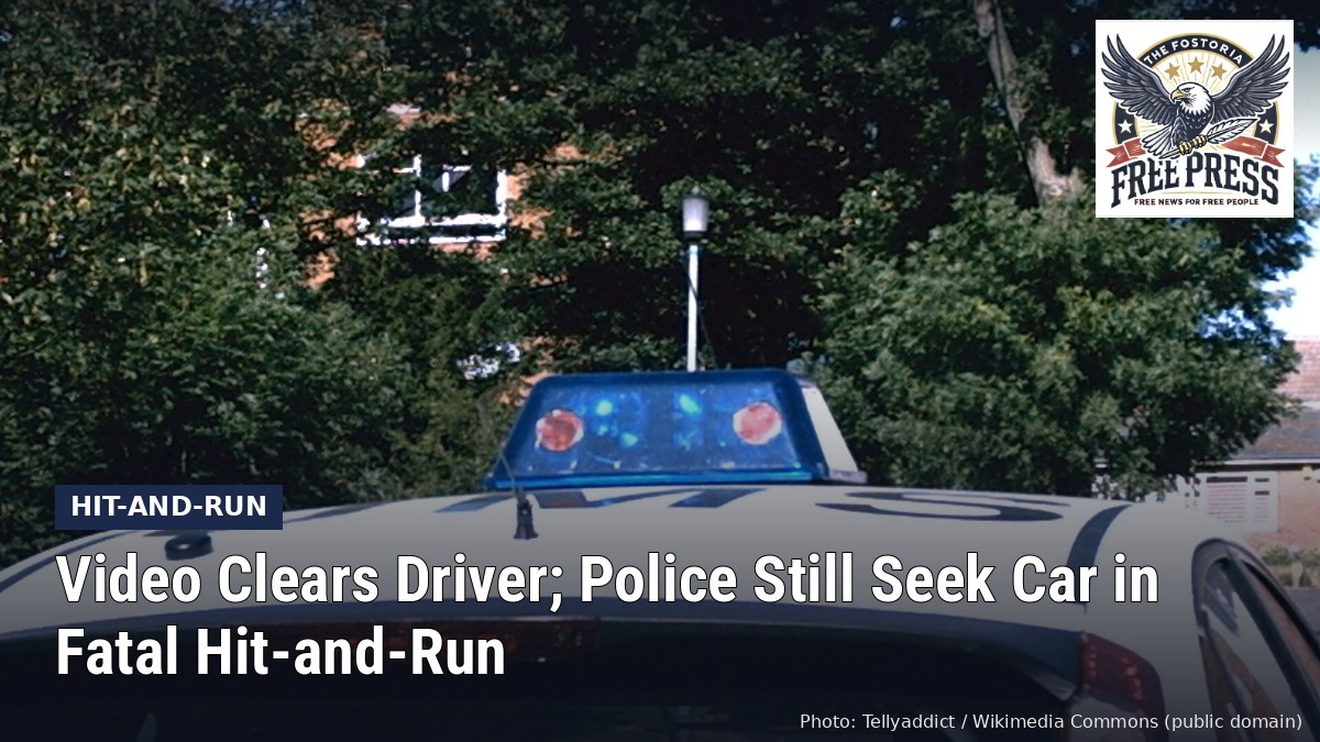 Fostoria News: Police car light bar, with headline: Video Clears Driver; Police Still Seek Car in Fatal Hit-and-Run