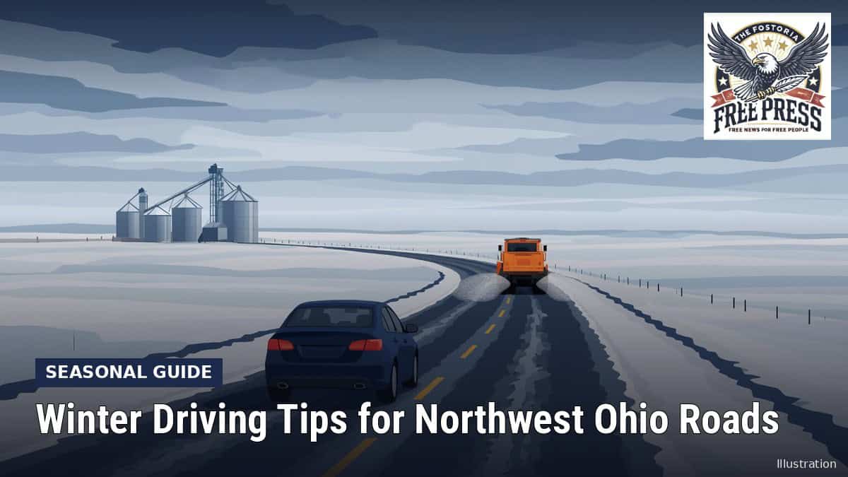 Fostoria News: Illustration, with headline: Winter Driving Tips for Northwest Ohio Roads