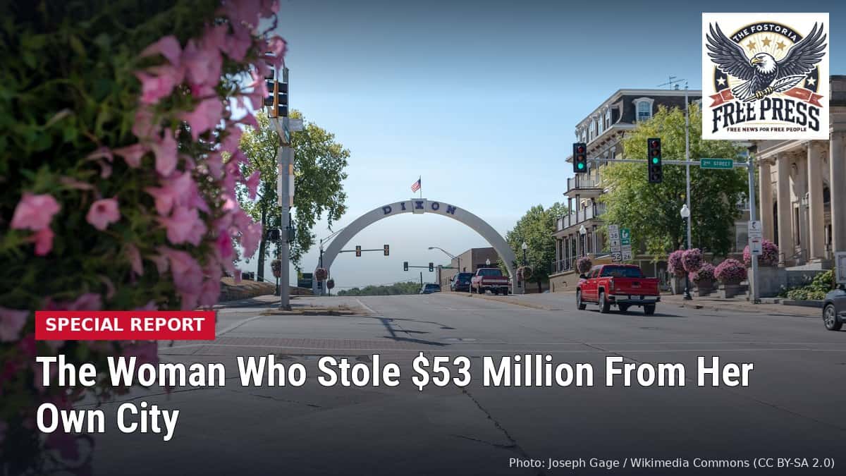 Galena Avenue in downtown Dixon, Illinois, with the city's arch in the distance and pink flowers in the foreground, with headline: The Woman Who Stole $53 Million From Her Own City
