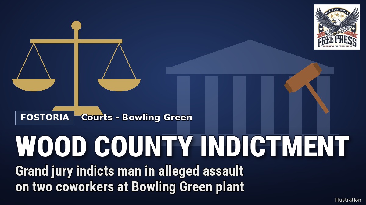 Fostoria Free Press illustration: scales of justice, a gavel and a courthouse outline on a navy background with the words Wood County Indictment