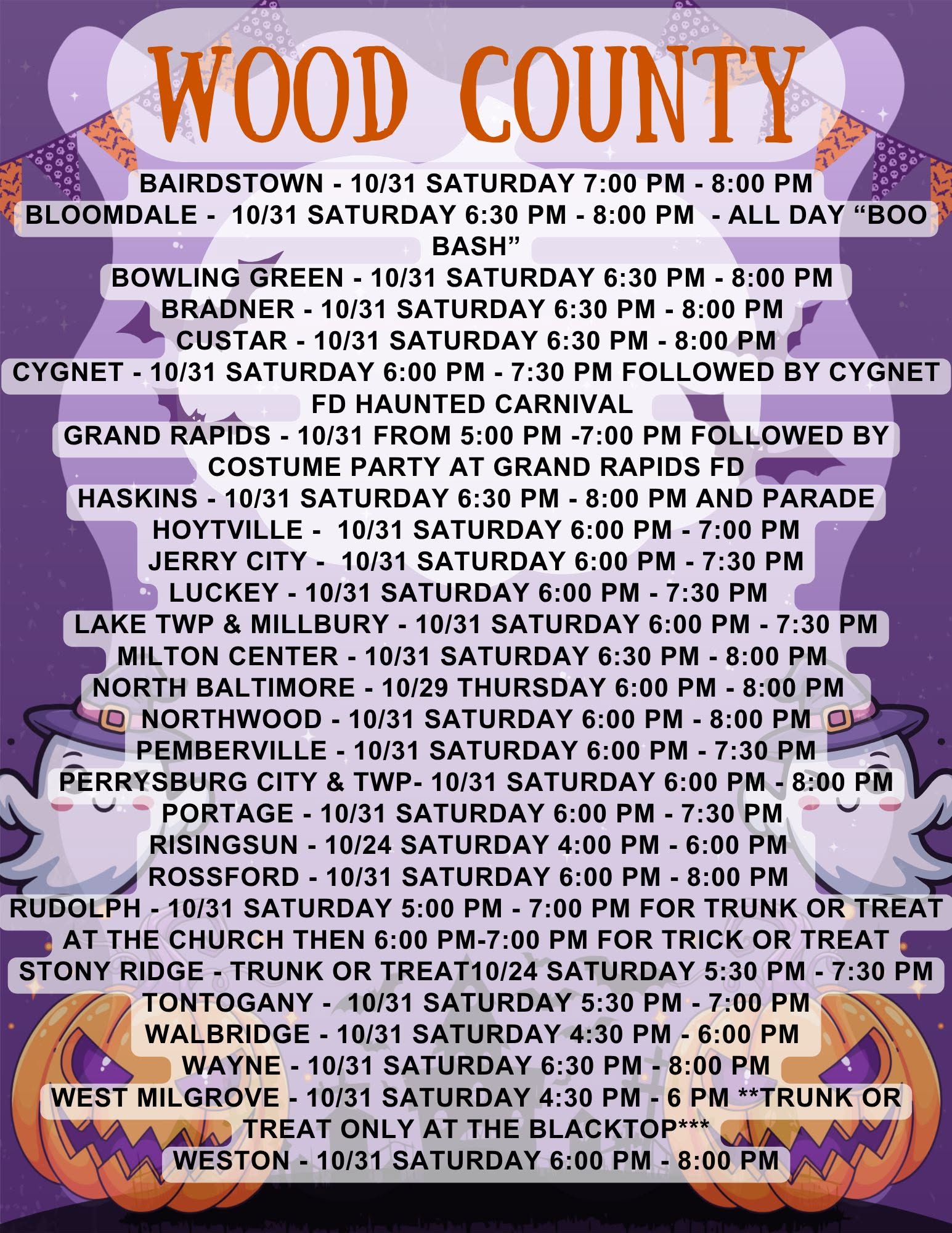 Wood County Sheriff's Office graphic listing 2026 trick-or-treat times for Wood County communities