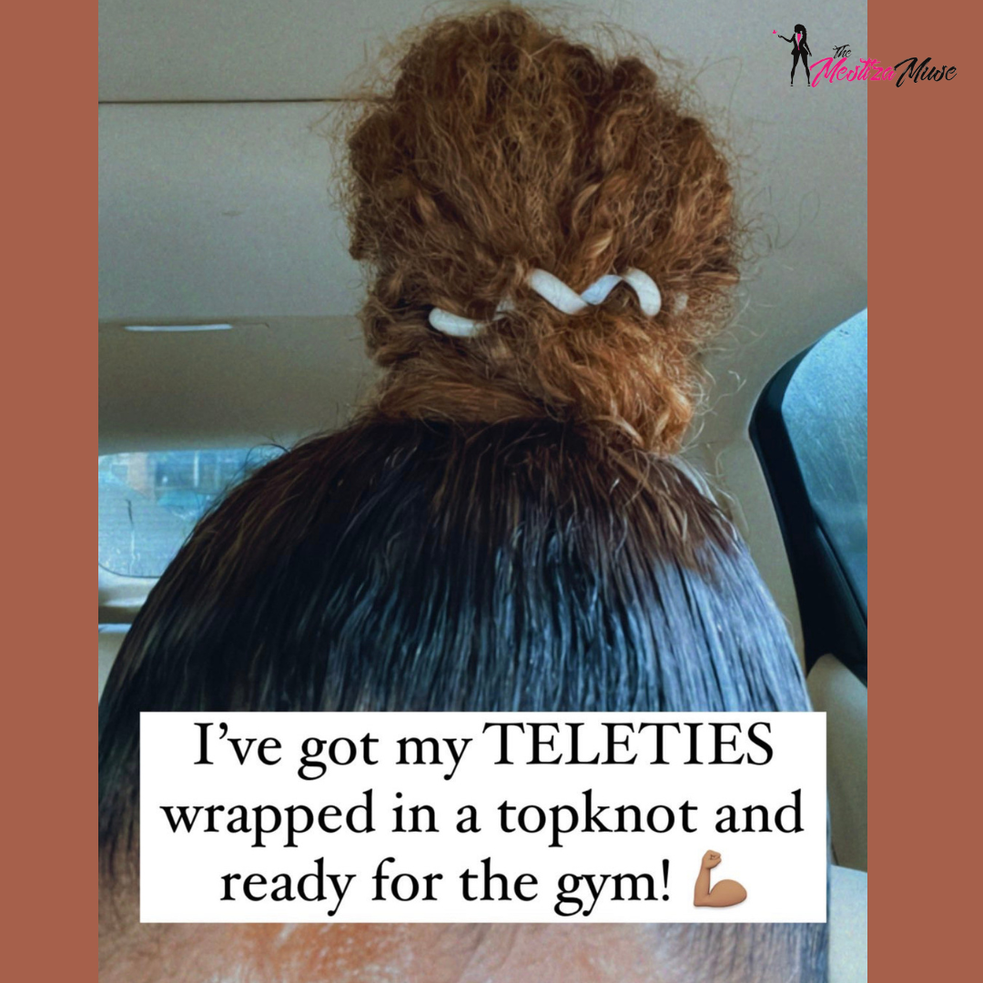 Image of the Teleties hair tie in my hair in a top knotl