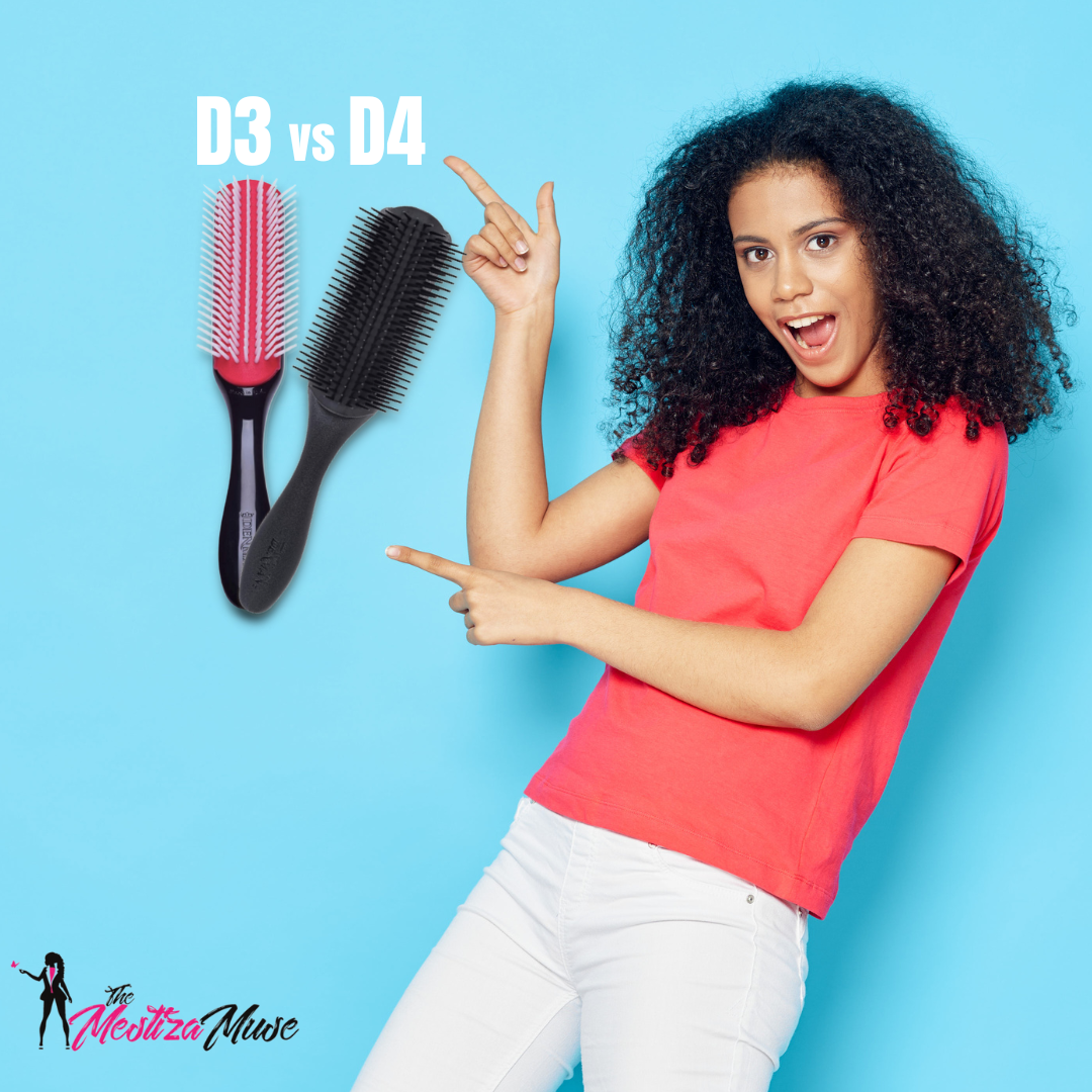 Image of curly girl pointing left at the Denman brushes d3 and d4 on a blue background.