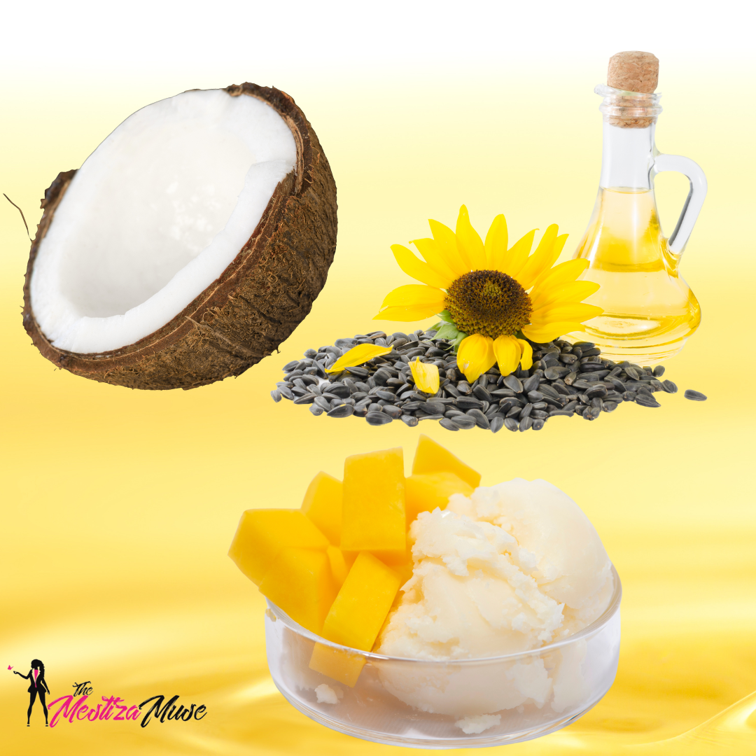 Image of coconut, sunflower oil, sunflower, sunflower seeds, mango with butter in clear bowl with yellow background.