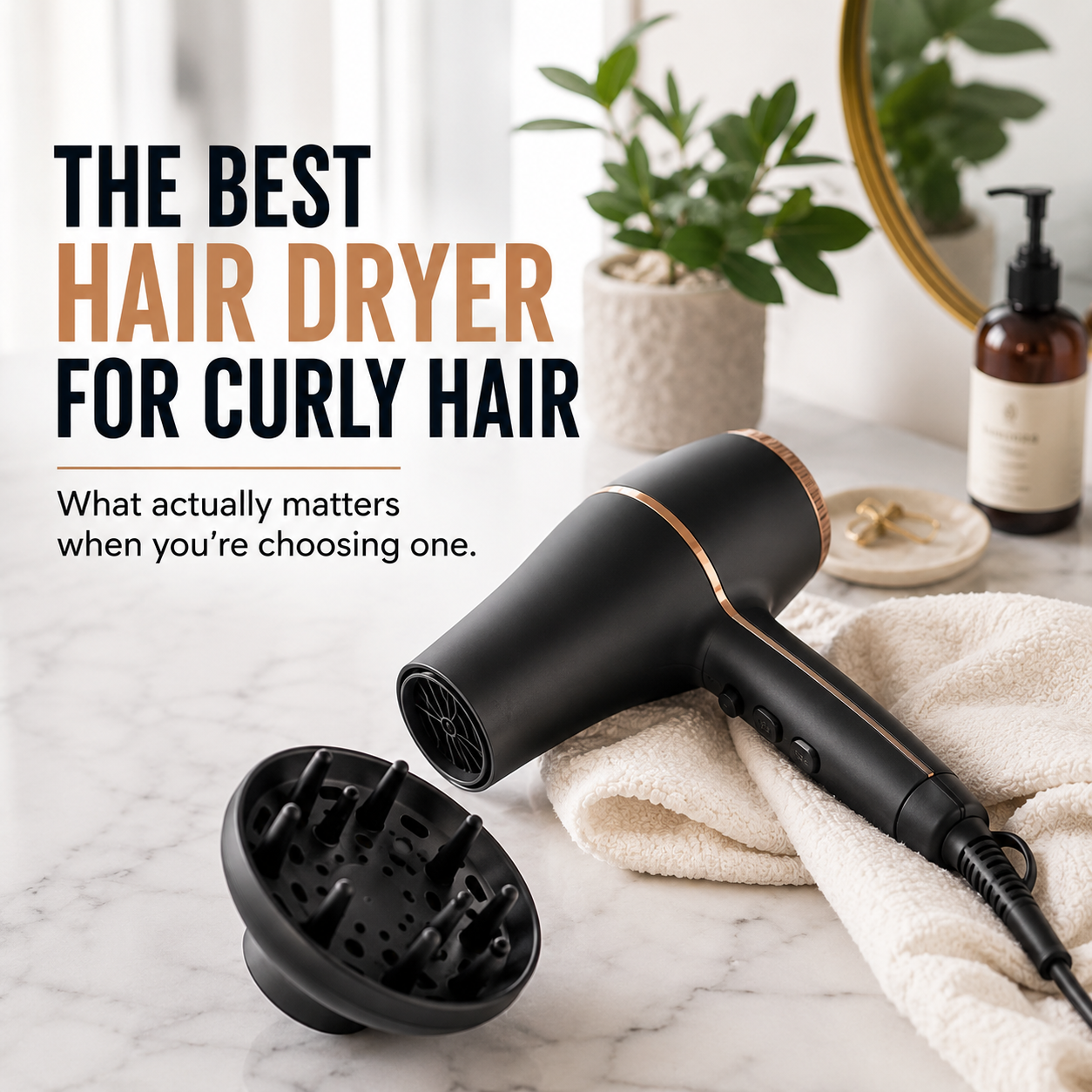 Black and rose gold hair dryer with diffuser attachment resting on a white towel, styled with a plant and skincare bottle, text overlay reads "The Best Hair Dryer for Curly Hair: What actually matters when you're choosing one."