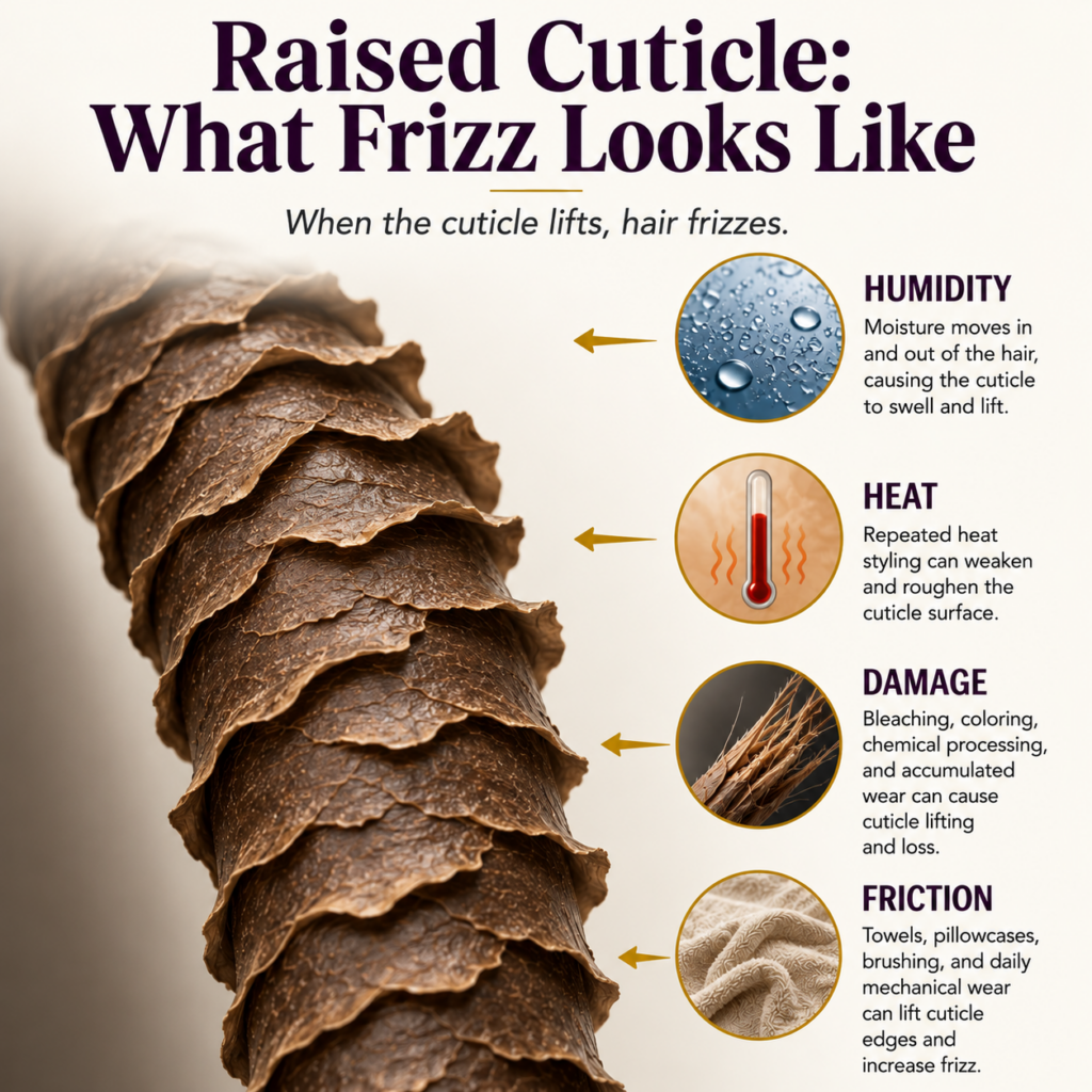 Raised hair cuticle on a curly strand showing what causes frizzy curly hair: humidity, heat, damage, and friction.