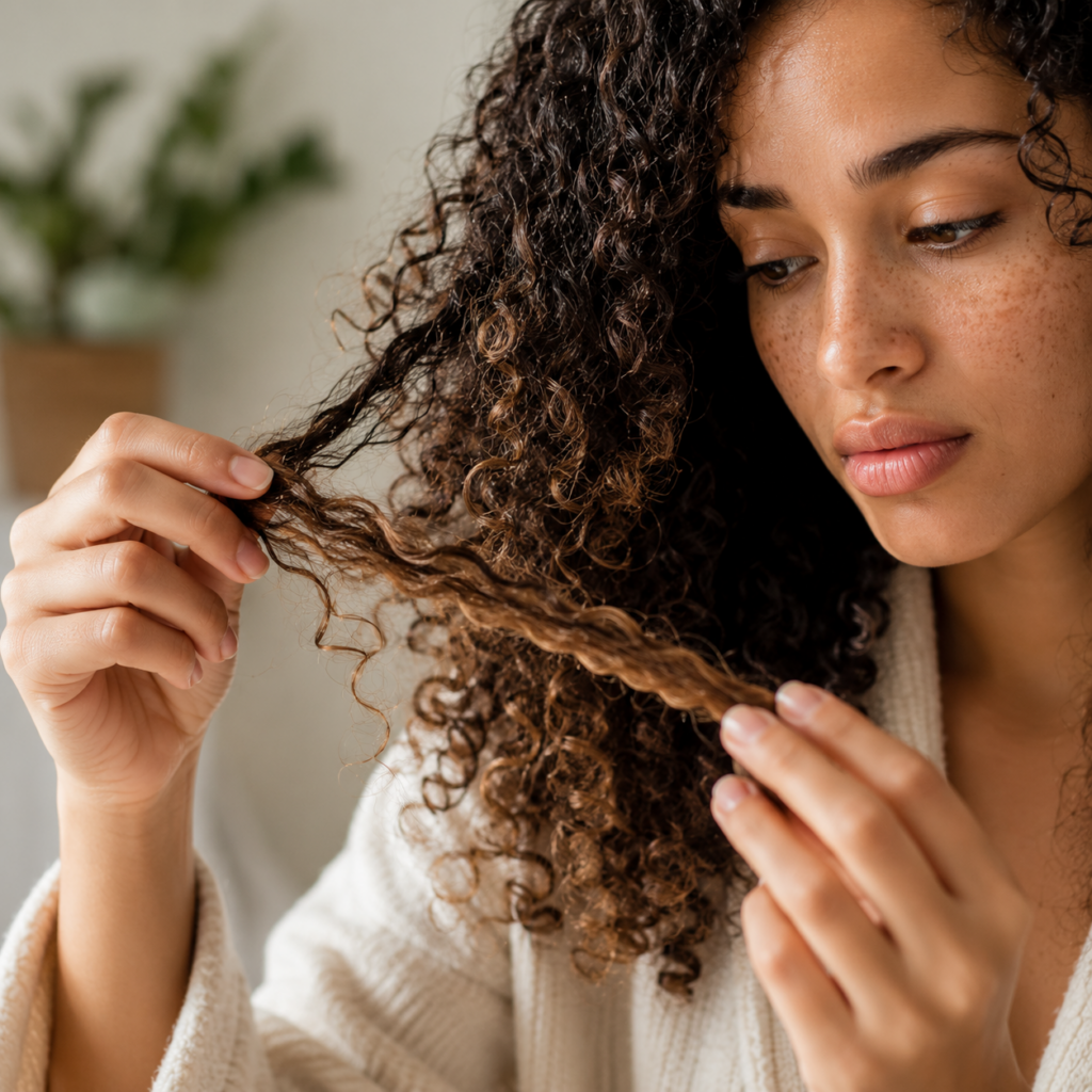 Woman with curly hair examining a single strand to assess its condition.