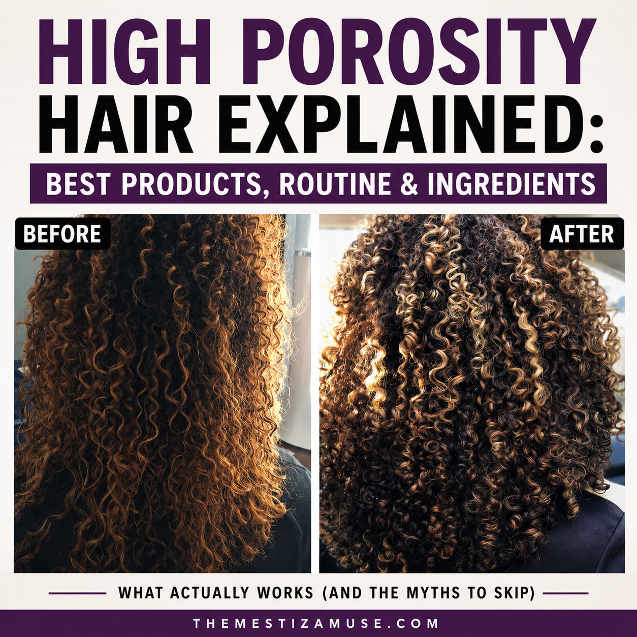Before and after of my high porosity hair: damaged, frizzy curls on the left and restored, defined, shiny curls on the right after consistent condition-focused care.