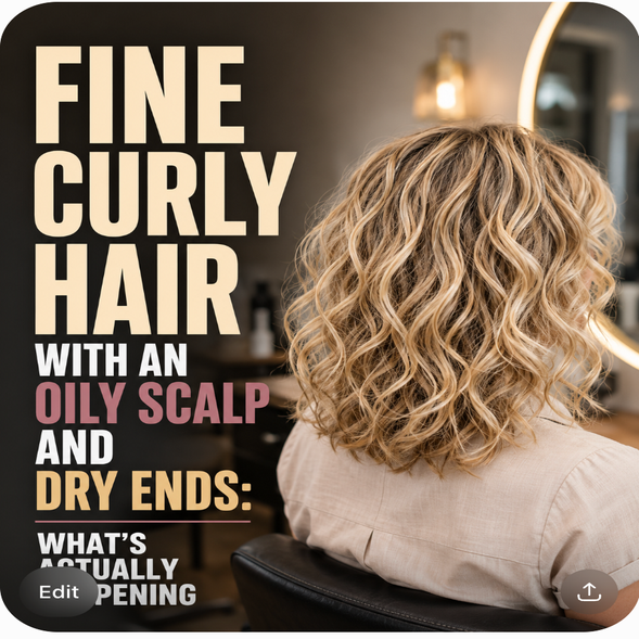 Fine Curly Hair with an Oily Scalp and Dry Ends: What's Actually Happening. Back view of a woman with shoulder-length fine blonde wavy hair in a salon, highlighting flatter roots and drier ends. Bold editorial title overlays the image.
