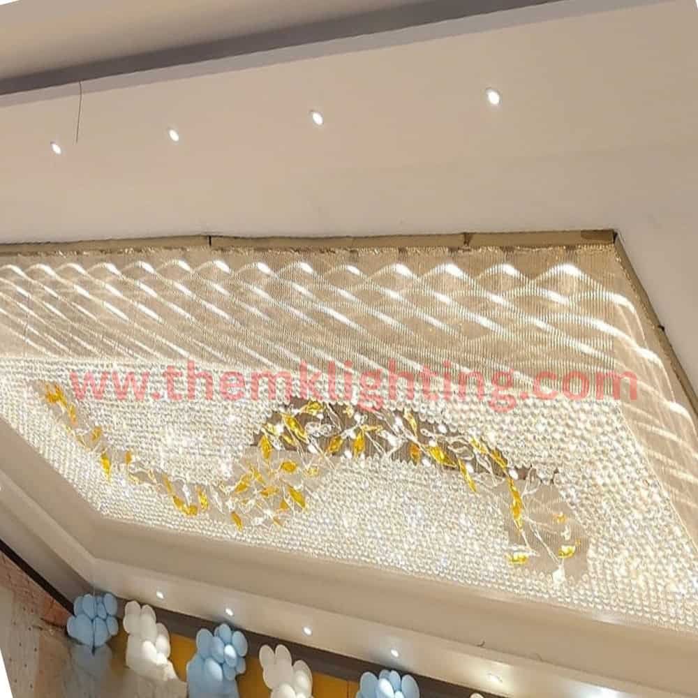 Luxury square crystal ceiling chandelier installed in banquet hall