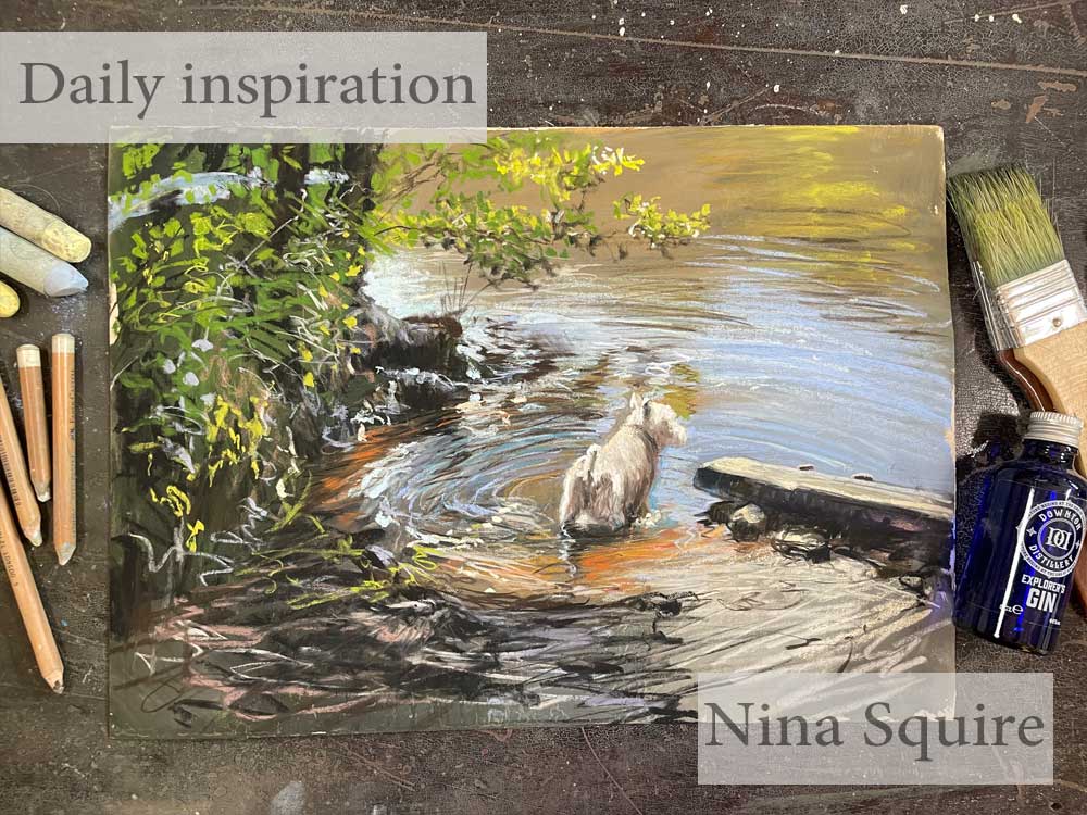 Barneys walk, a pastel painting of a dog in a stream