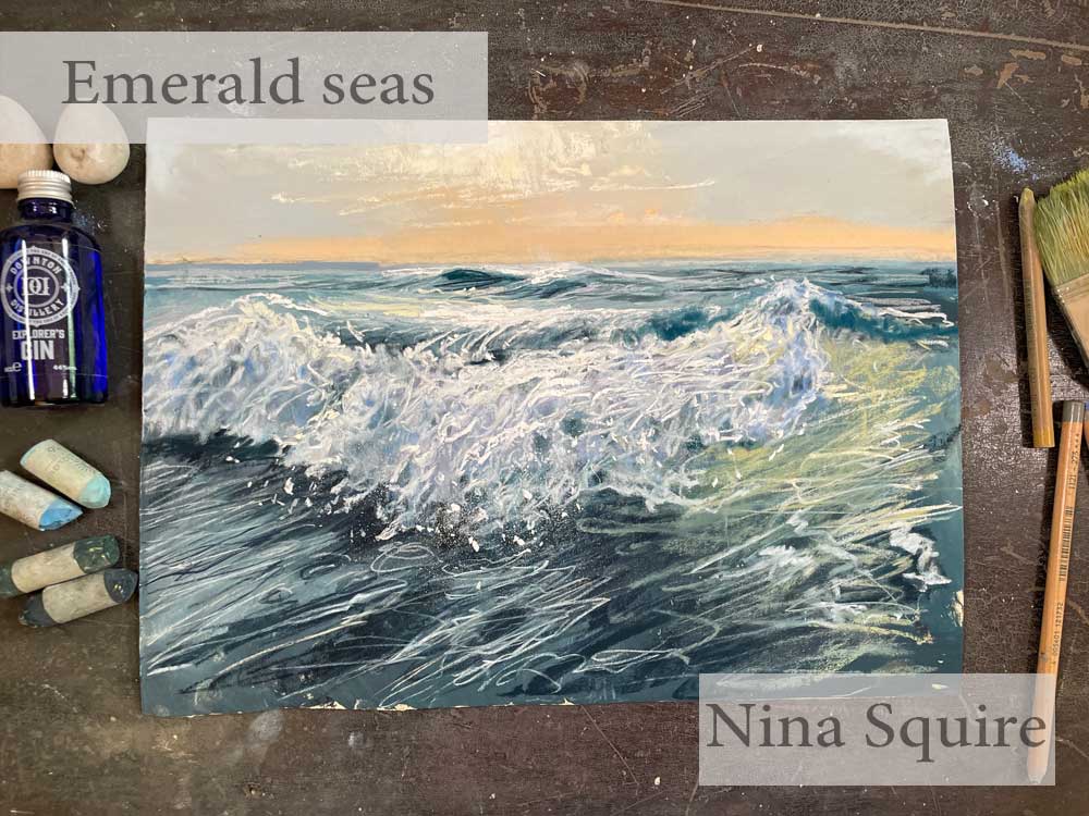 Emerald seas, a soft pastel painting of a wave breaking.