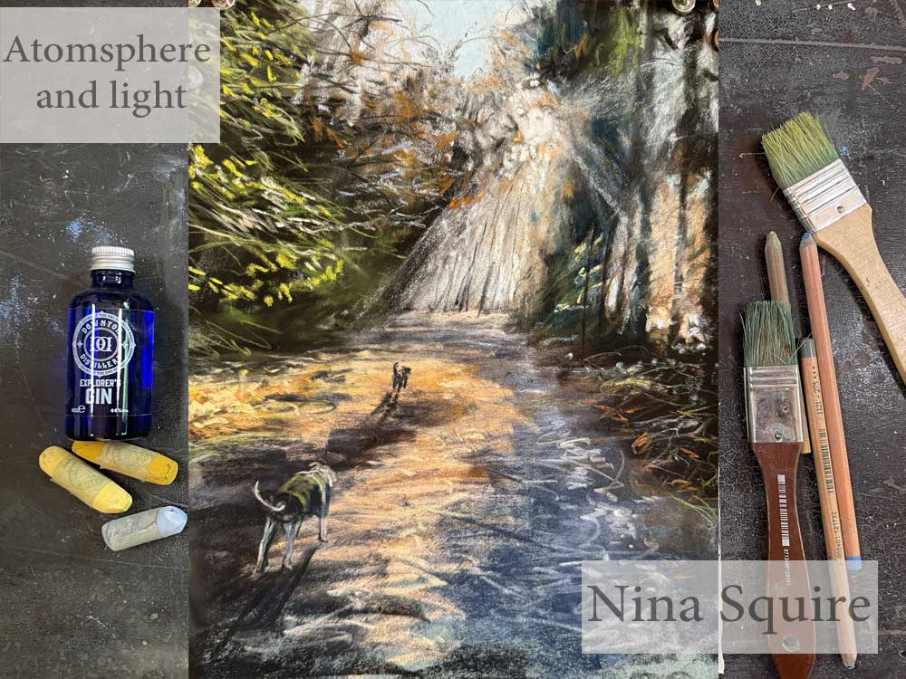 artwork showing an evening light through trees by nina squire