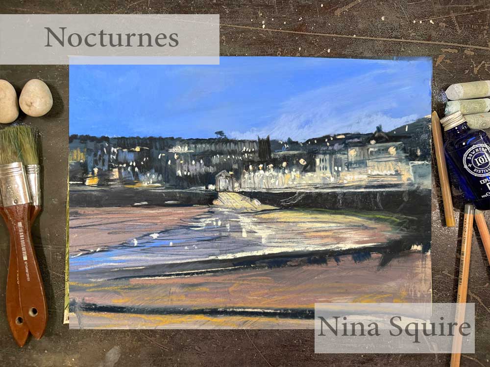 artwork by nina squire of st ives harbour at night in soft pastels