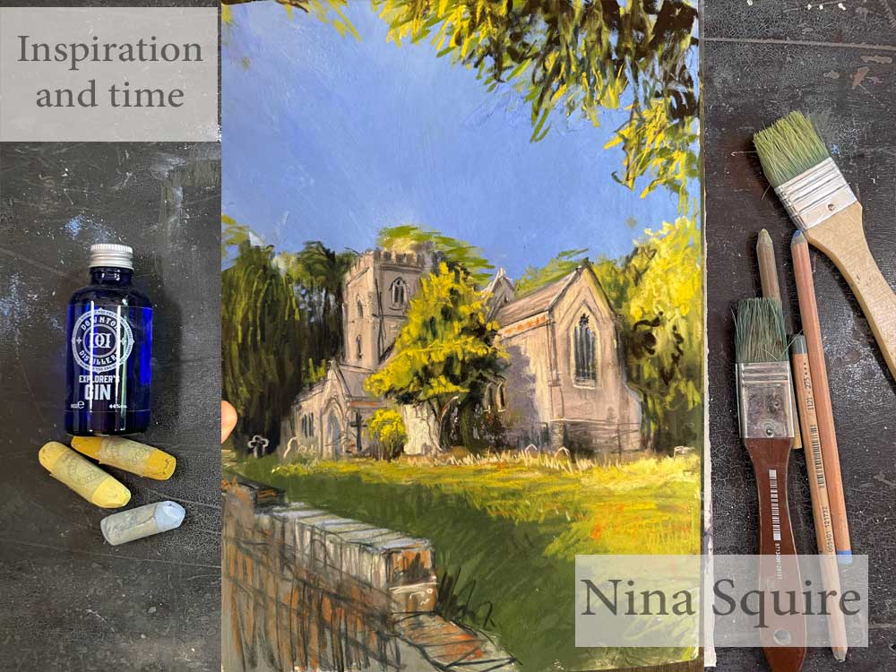 artwork of brownsea church in soft pastel by Nina Squire