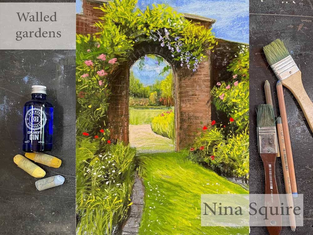 artwork by nina squire of walled garden in soft pastels