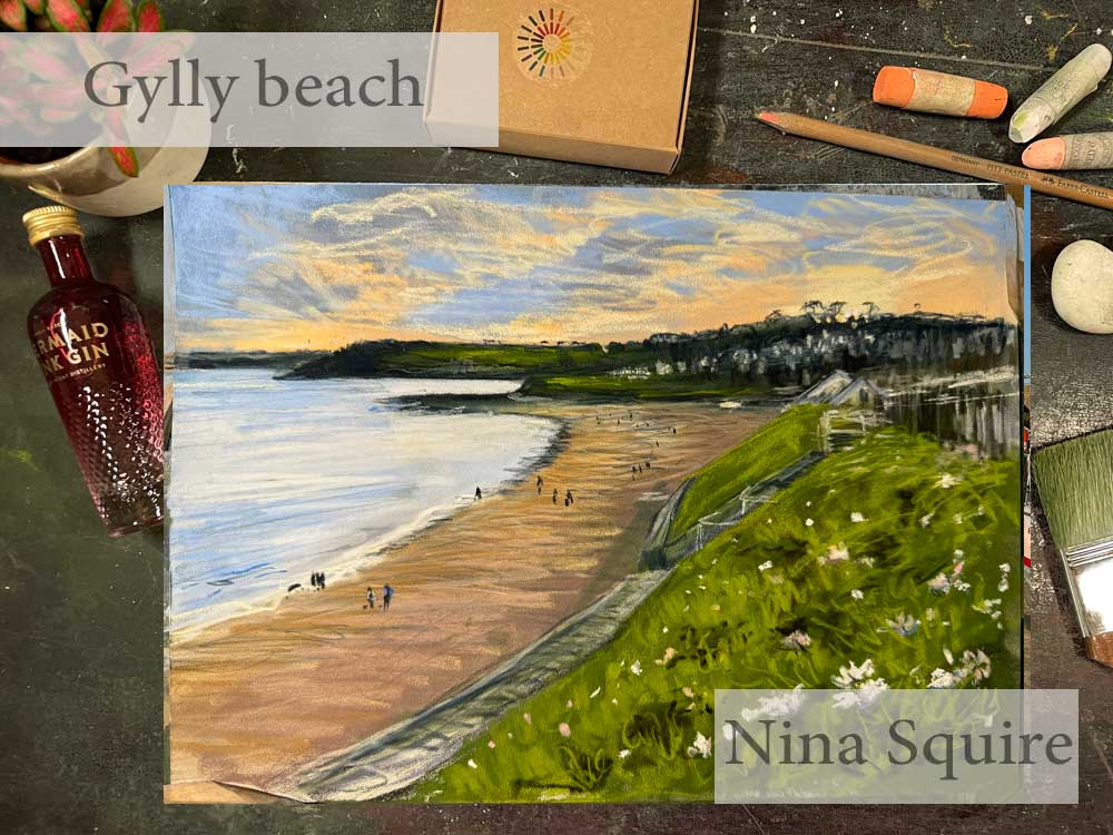 Gylly beach soft pastel painting by Nina Squire