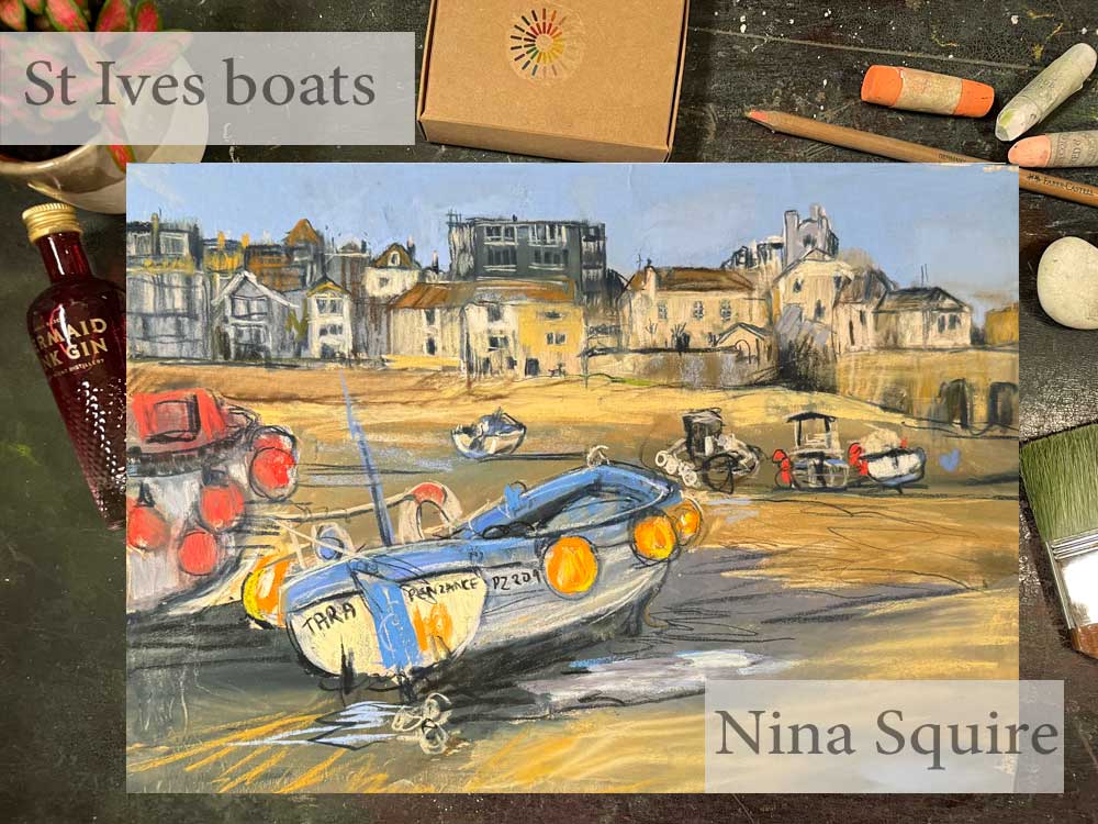 St Ives harbour with boats at low tide in soft pastel by Nina Squire