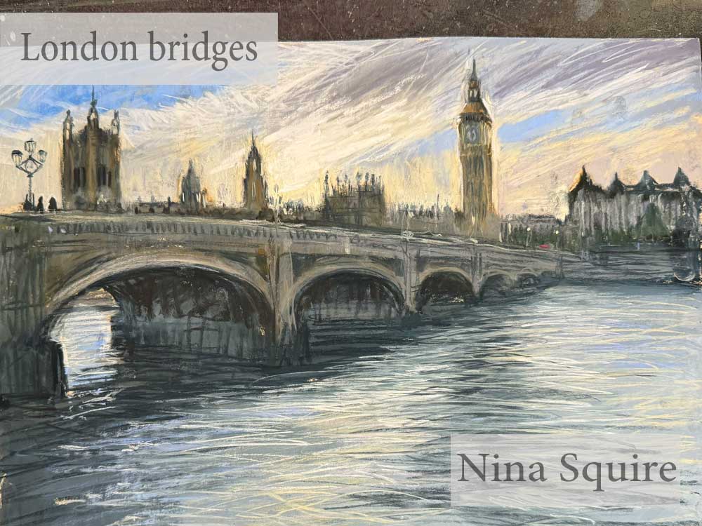 Pastel painting of London bridges with Big Ben and river scene.