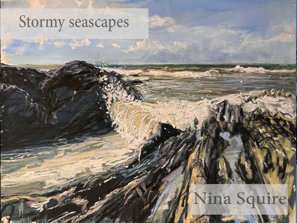 Stormy seascape painting with crashing waves and dark rocks by Nina Squire.