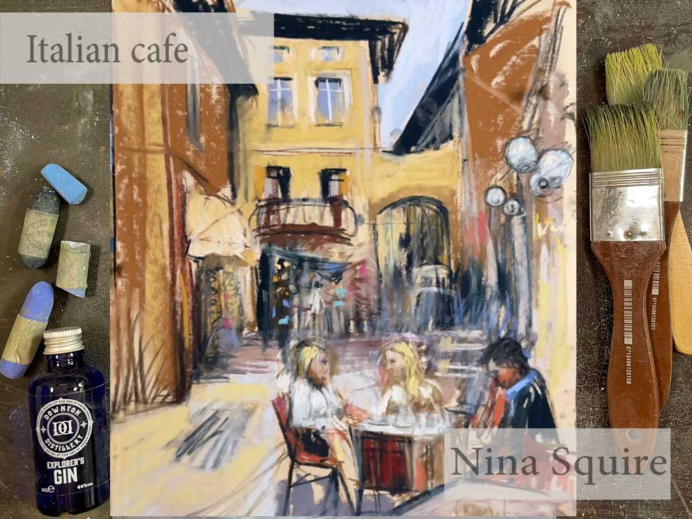 Pastel painting of an Italian cafe with three women at a table.