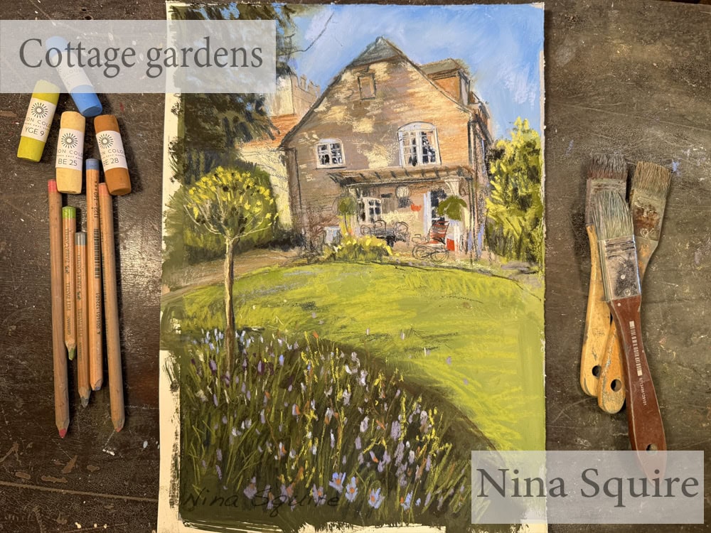 Watercolor of a cottage garden with trees and flowers by Nina Squire.