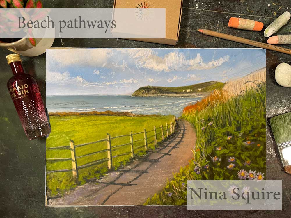 Pastel artwork of a beach pathway with green grass and ocean view by Nina Squire.