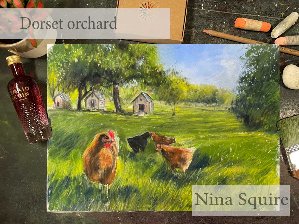 Pastel artwork of Dorset orchard with chickens by Nina Squire.