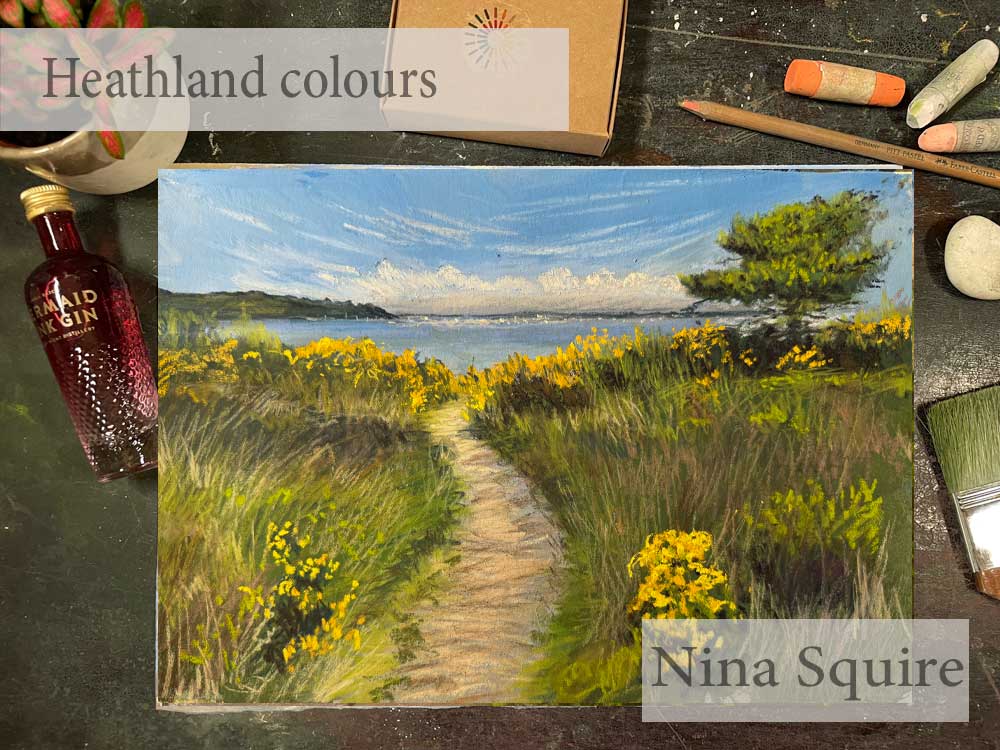 Pastel painting of heathland with a path, sky, and trees by Nina Squire.
