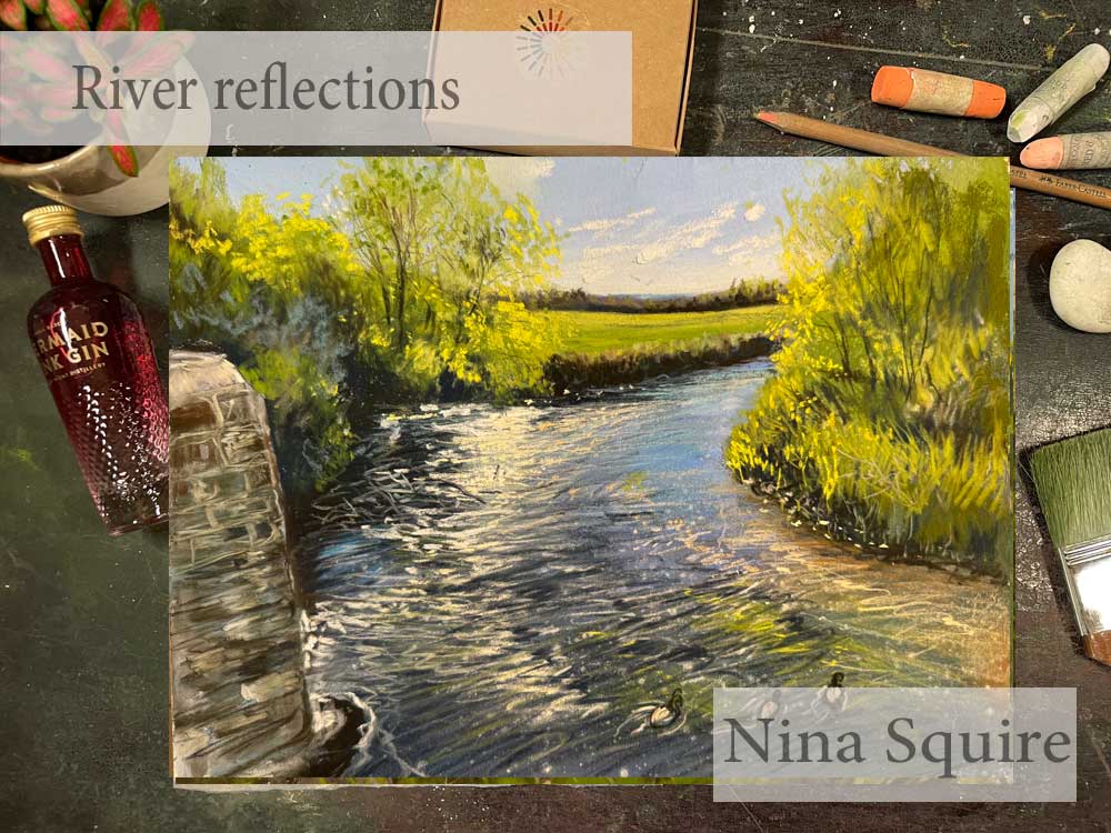 Pastel artwork of river reflections with lush green trees and water.