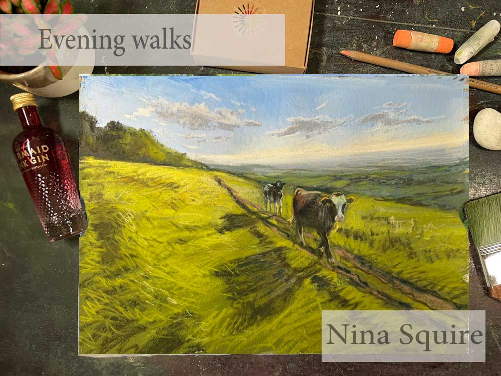Pastel landscape of countryside with cows and sunset by Nina Squire.