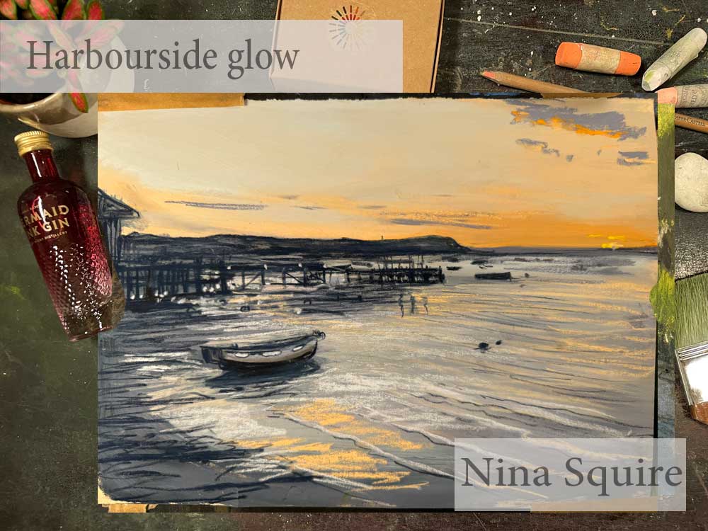Harbourside sunset pastel artwork by Nina Squire with boats and water reflections.
