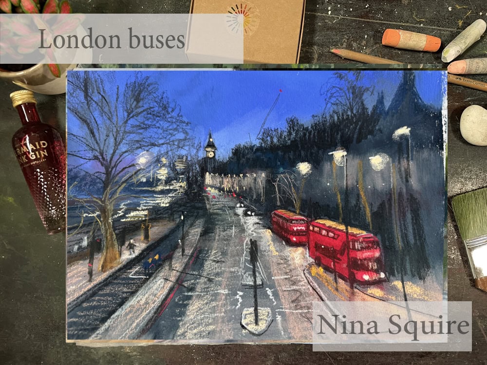 London buses painted in soft pastels with Big Ben in the background.