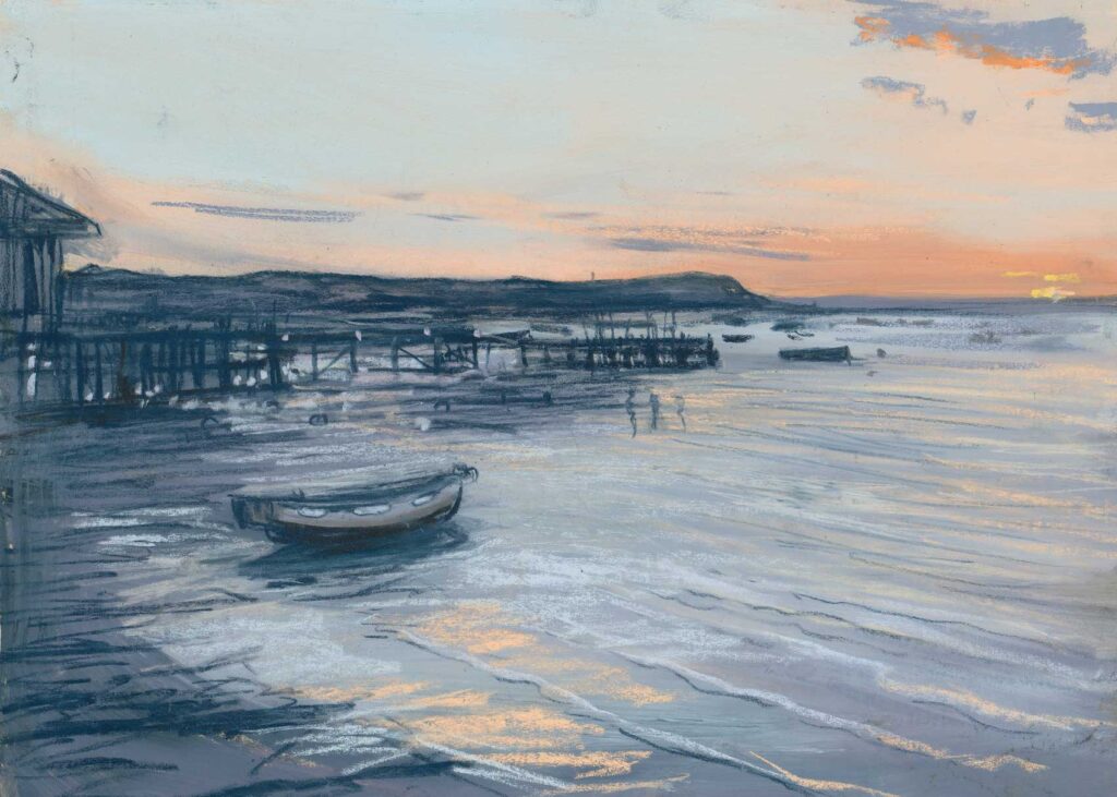 Seascape painting by Nina Squire featuring boats and a sunset sky.