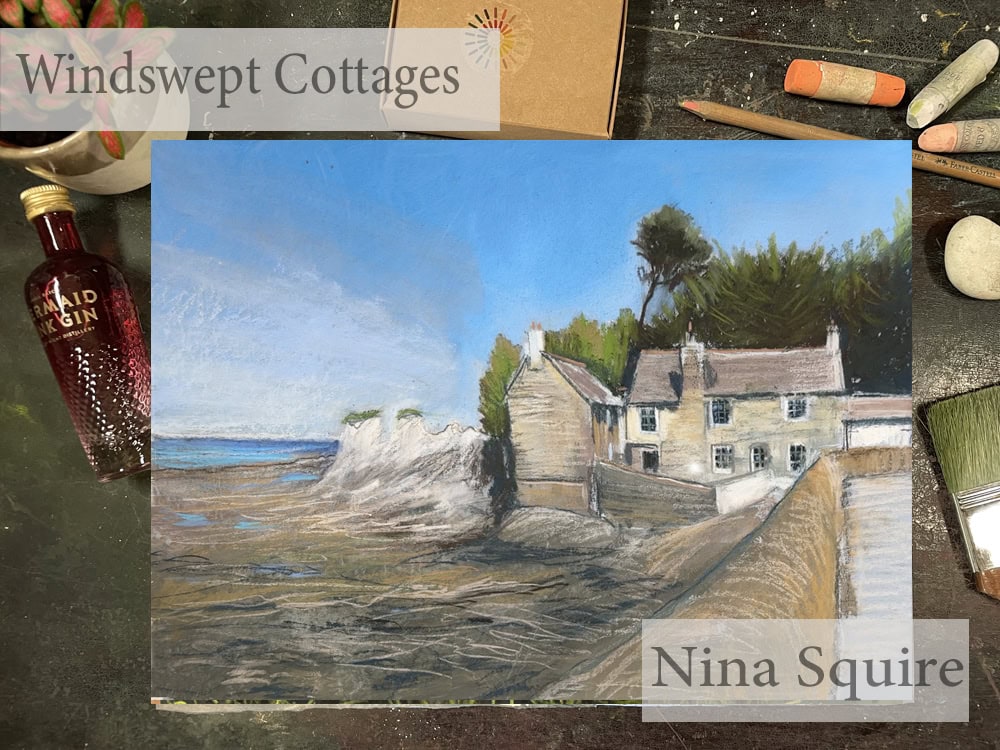 Pastel painting of Windswept Cottages by Nina Squire with coastal scenery.