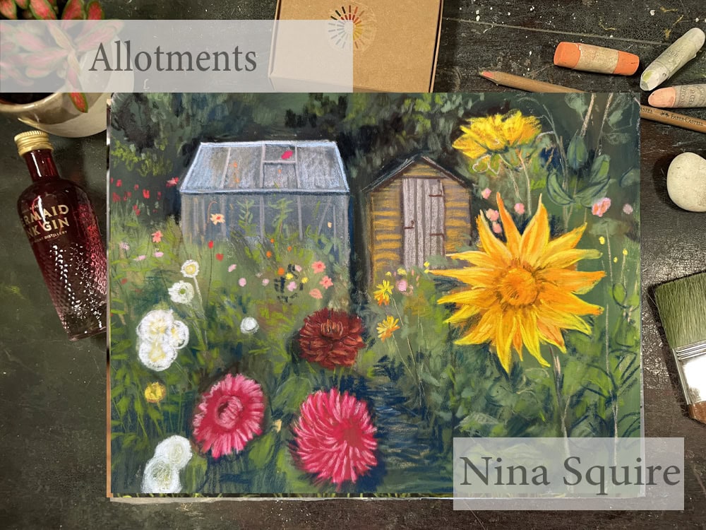 Pastel painting of a vibrant garden with flowers and a greenhouse by Nina Squire.