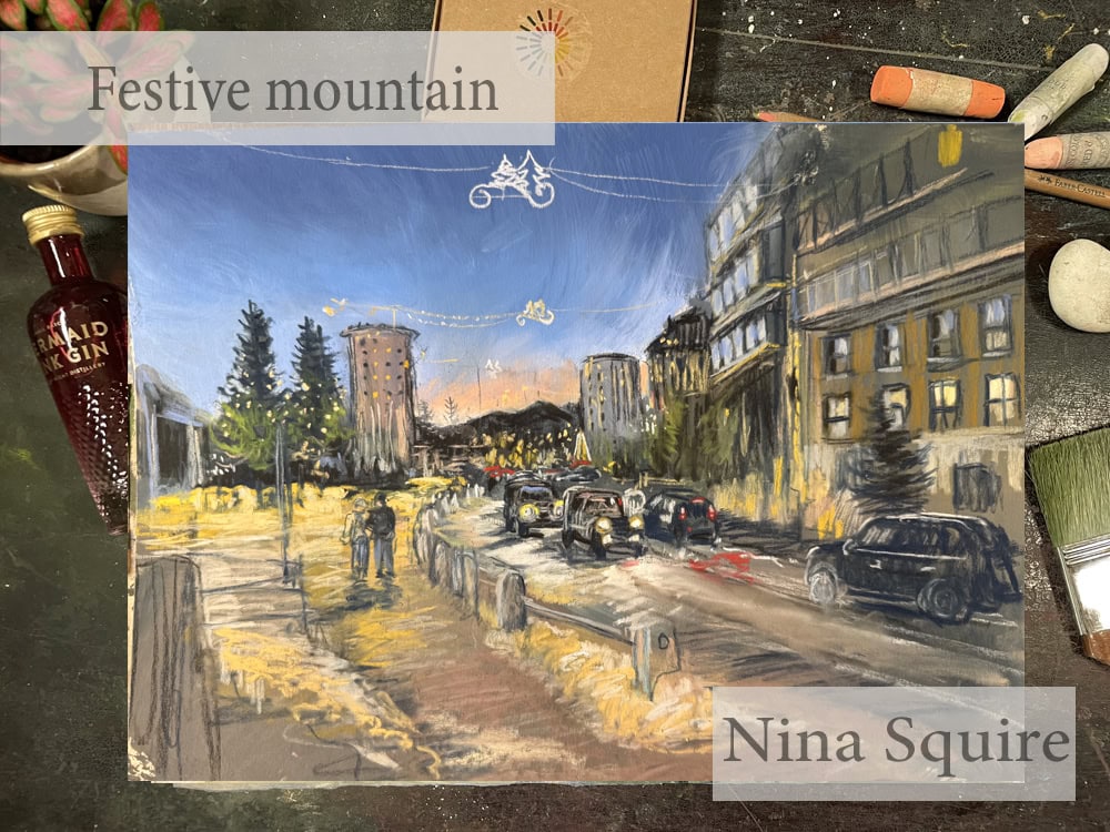 City street scene with cars, buildings, and a mountain in the background, painted in pastel colors.