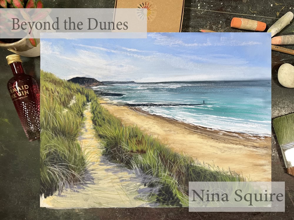 Seascape painting of a sandy beach with dunes and sea waves by Nina Squire.