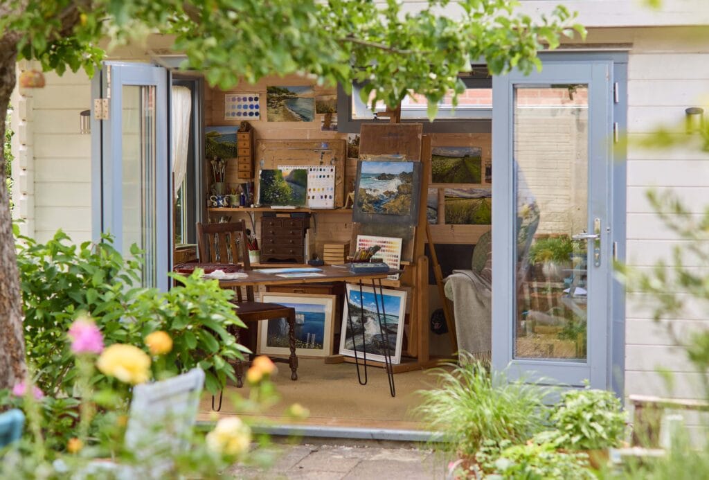 Nina Squire's art studio, a view from the garden into the studio.