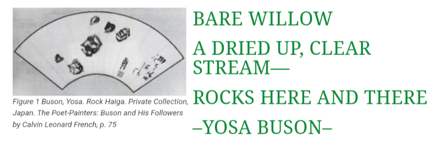 Fan-shaped ink painting with scattered rocks and calligraphy, accompanied by Yosa Buson's haiku about a bare willow, a dried stream, and rocks.